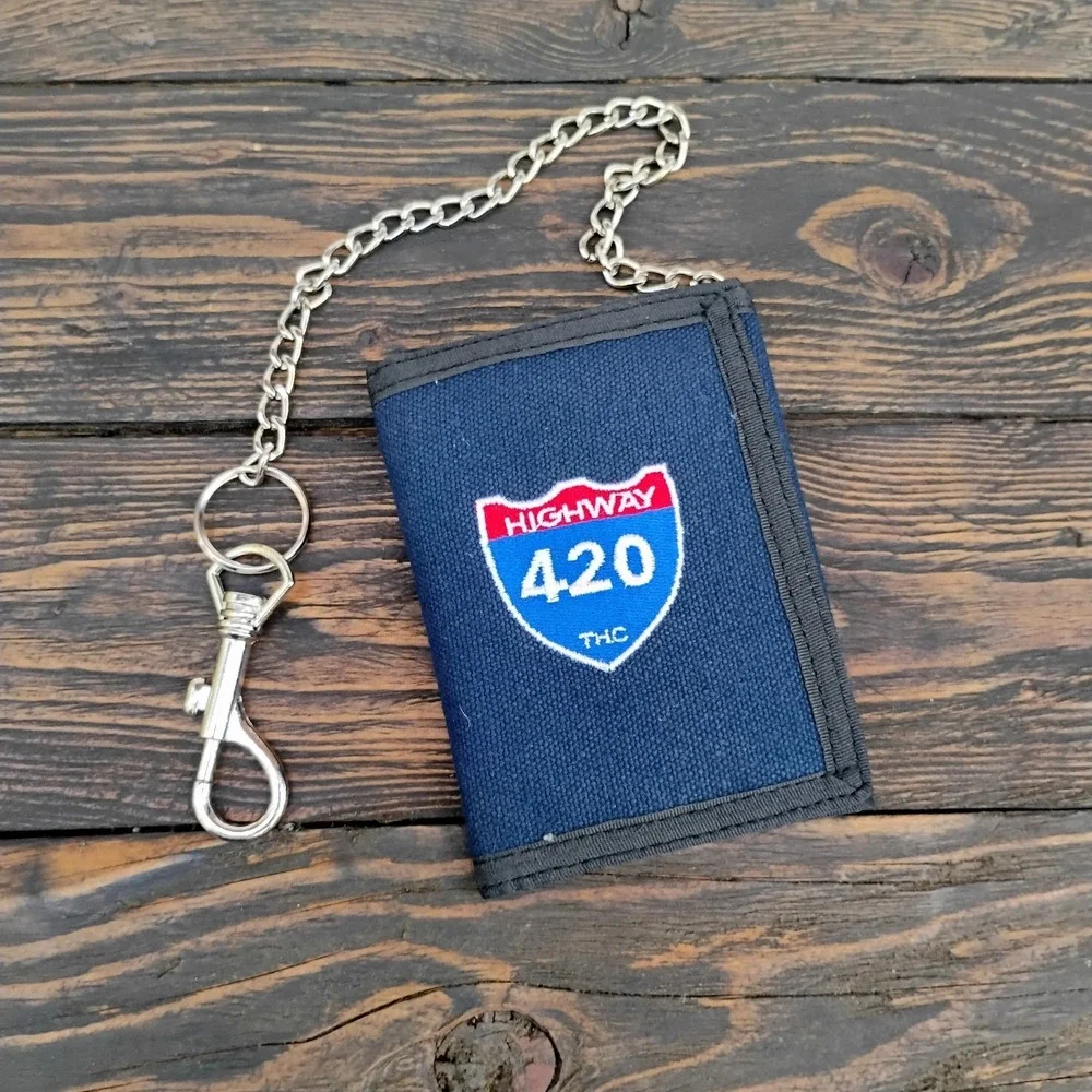 THC Highway 420 Blue Hook and Loop Embroidered Fabric TriFold Wallet With Chain